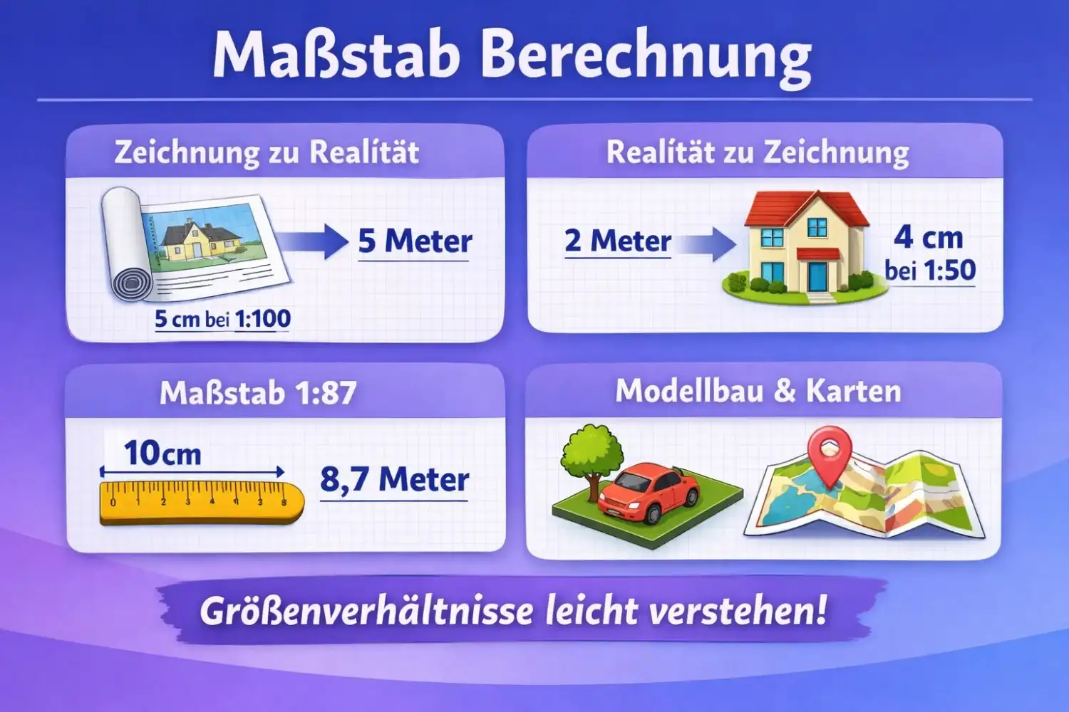 Maßstab Rechner erklärt Größenverhältnisse zwischen Zeichnung und Realität mit Beispielen