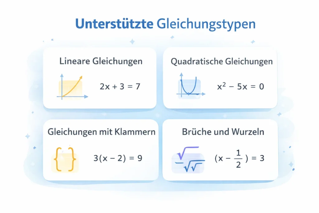 Gleichungen lösen Rechner – Mit Rechenweg & Lösung 2 Unterstützte Gleichungstypen im Gleichungen lösen Rechner