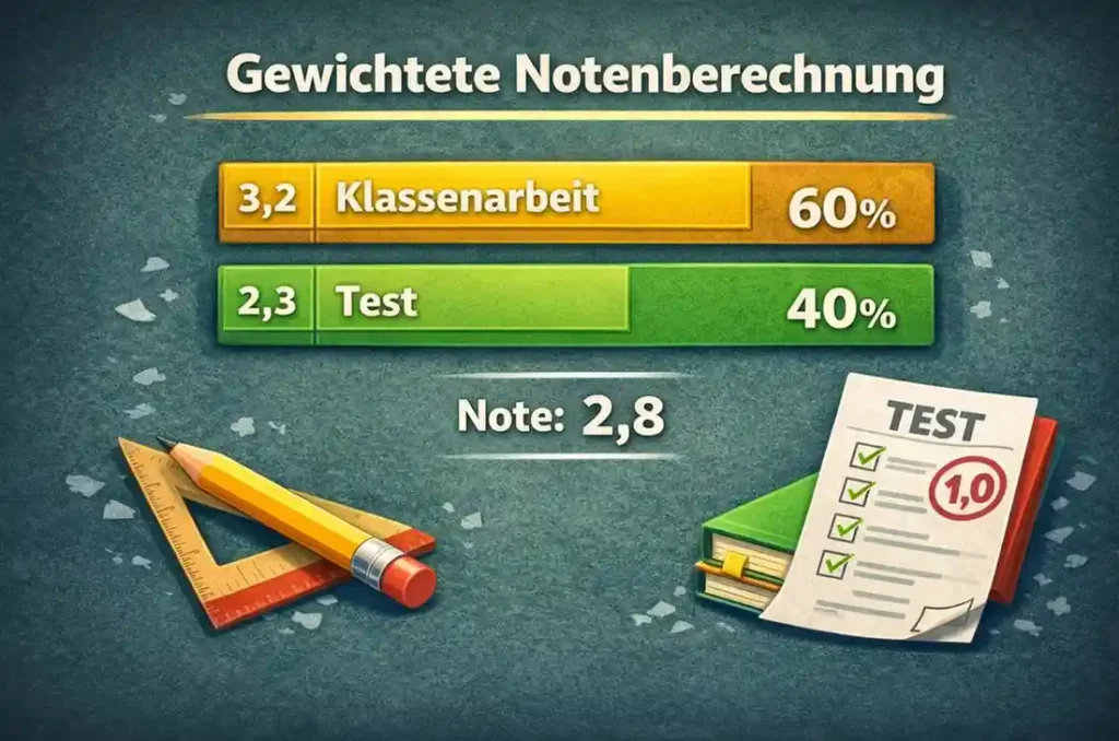 Gewichtete Notenberechnung mit Klassenarbeit und Test, Prozentanteile und berechneter Gesamtnote im Noten Rechner