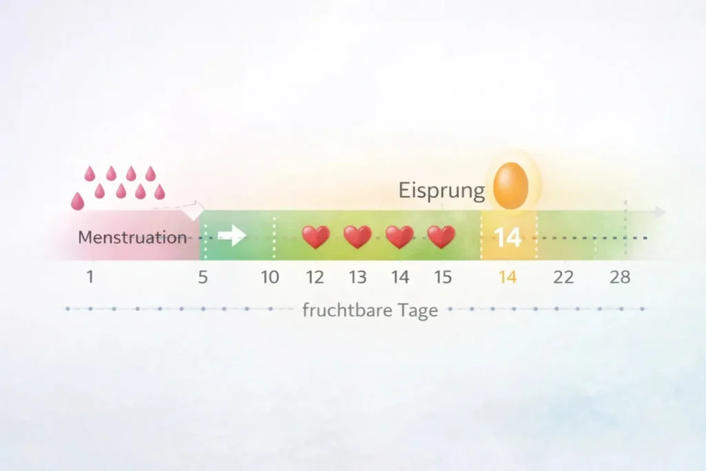 Horizontale Zyklusübersicht mit Periodenbeginn, Eisprung und fruchtbaren Tagen im Menstruationszyklus