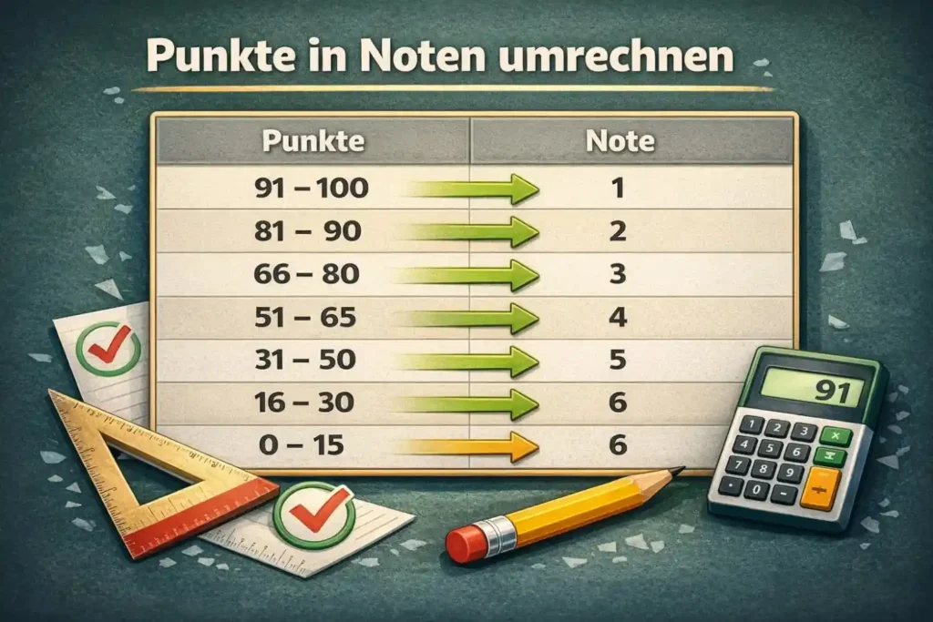 Punkte in Noten umrechnen mit Tabelle, Noten Rechner Illustration mit Taschenrechner und Schulmaterial