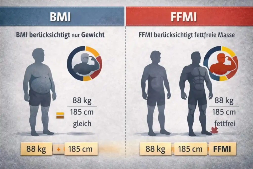 Vergleich zwischen BMI und FFMI bei gleicher Körpergröße und gleichem Gewicht mit unterschiedlicher Muskelmasse