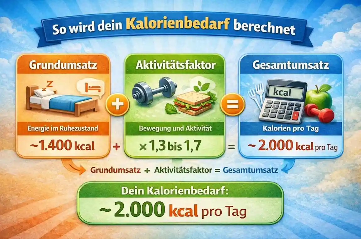 Kalorien rechner online – kcal Bedarf berechnen 1 Infografik zur Berechnung von Grundumsatz, Aktivitätsfaktor und täglichem Kalorienbedarf in kcal.