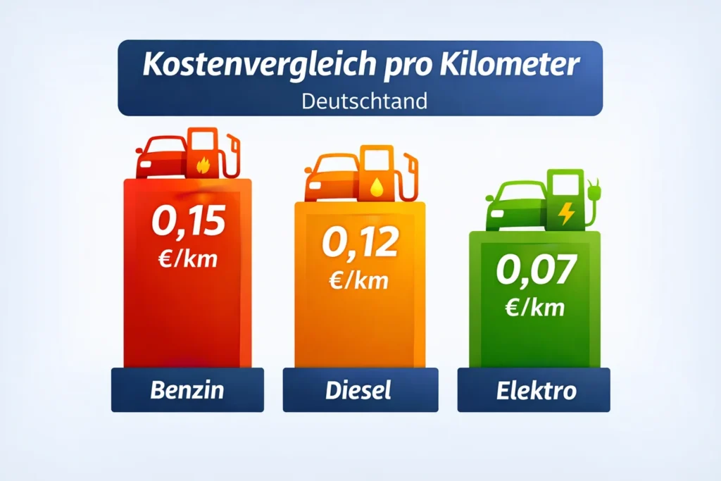 Spritkostenrechner 2026, Kosten pro km, Monat und Jahr berechnen 2 Kostenvergleich Benzin Diesel Elektro pro Kilometer Deutschland