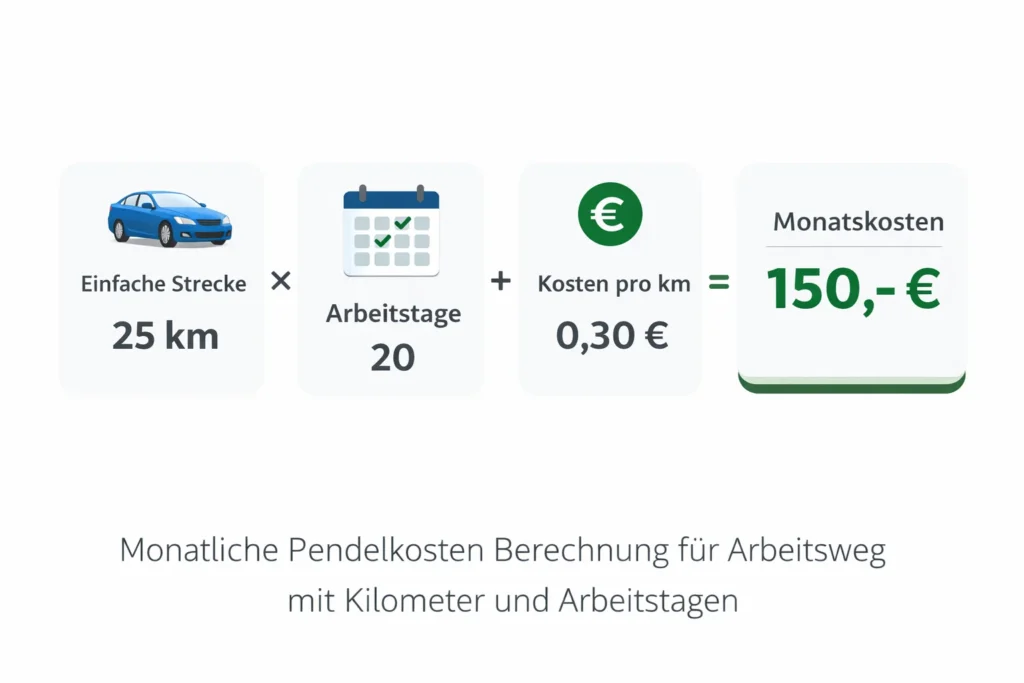 Fahrtkostenrechner, Auto und Pendelkosten berechnen 2 Monatliche Pendelkosten Berechnung für Arbeitsweg mit Kilometer und Arbeitstagen