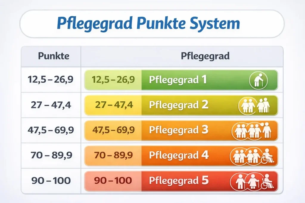 Pflegegrad Punkte Tabelle zur Berechnung der Pflegegrad Einstufung von Pflegegrad 1 bis Pflegegrad 5
