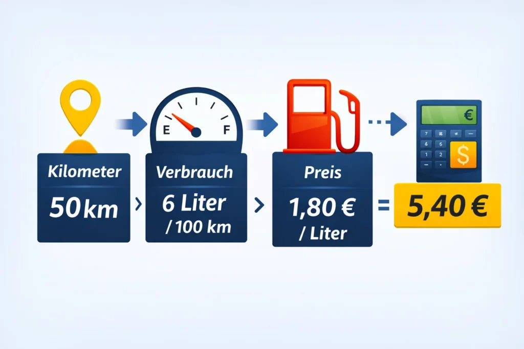 Spritkostenrechner 2026, Kosten pro km, Monat und Jahr berechnen 1 Spritkosten berechnen Formel Kilometer Verbrauch Preis Beispiel