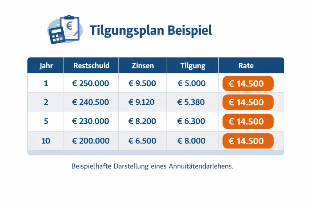Beispiel Tilgungsplan eines Annuitätendarlehens mit Restschuld, Zinsen, Tilgung und konstanter jährlicher Rate
