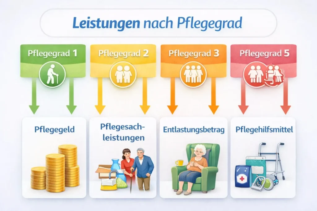 Übersicht der Pflegeleistungen nach Pflegegrad mit Pflegegeld Pflegesachleistungen Entlastungsbetrag und Pflegehilfsmittel