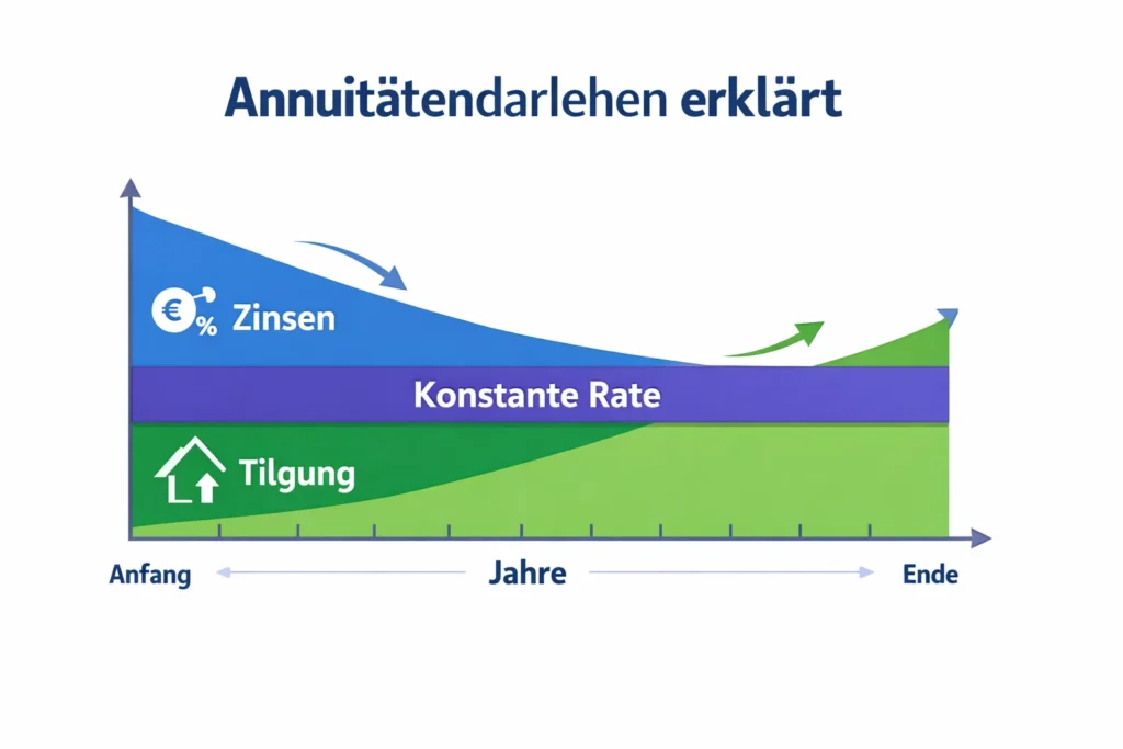 Annuitätendarlehen Grafik mit konstantem Kreditrate Verlauf sowie sinkendem Zinsanteil und steigendem Tilgungsanteil über die Jahre