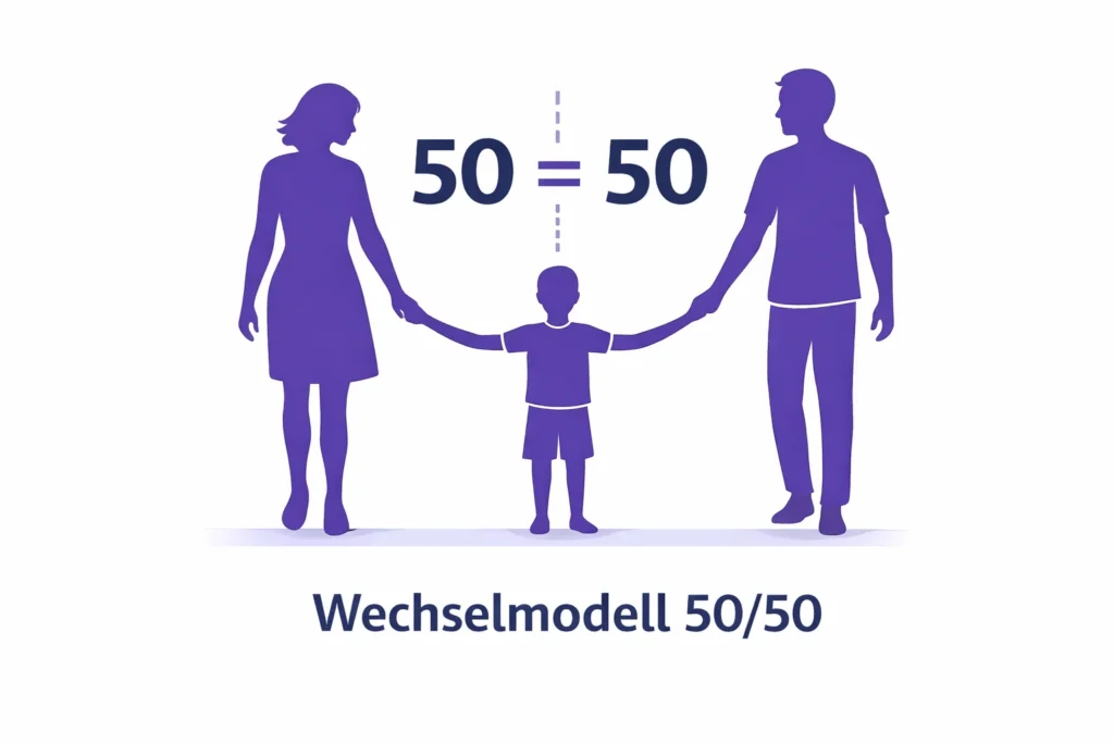 Unterhaltsrechner 2026 – Kindesunterhalt exakt berechnen 3 Darstellung des Wechselmodells 50 50 mit Aufteilung des Kindes zwischen beiden Elternteilen.
