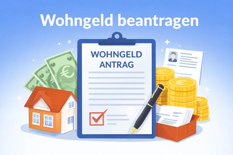 Wohngeld beantragen Illustration mit Antrag Formular, Haus, Euro Münzen und Unterlagen auf blauem Hintergrund