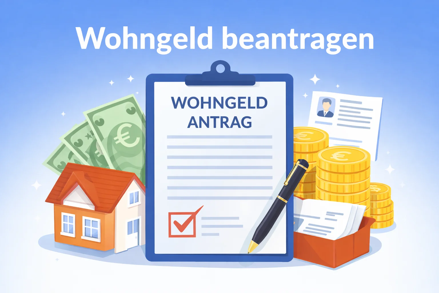 Wohngeld beantragen Illustration mit Antrag Formular, Haus, Euro Münzen und Unterlagen auf blauem Hintergrund