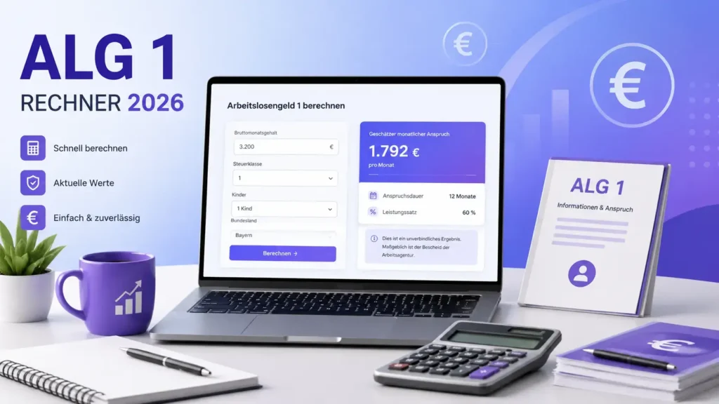 Arbeitslosengeld Rechner 2026 mit ALG 1 Berechnung auf Laptop Bildschirm und Finanzrechner im modernen Bürodesign