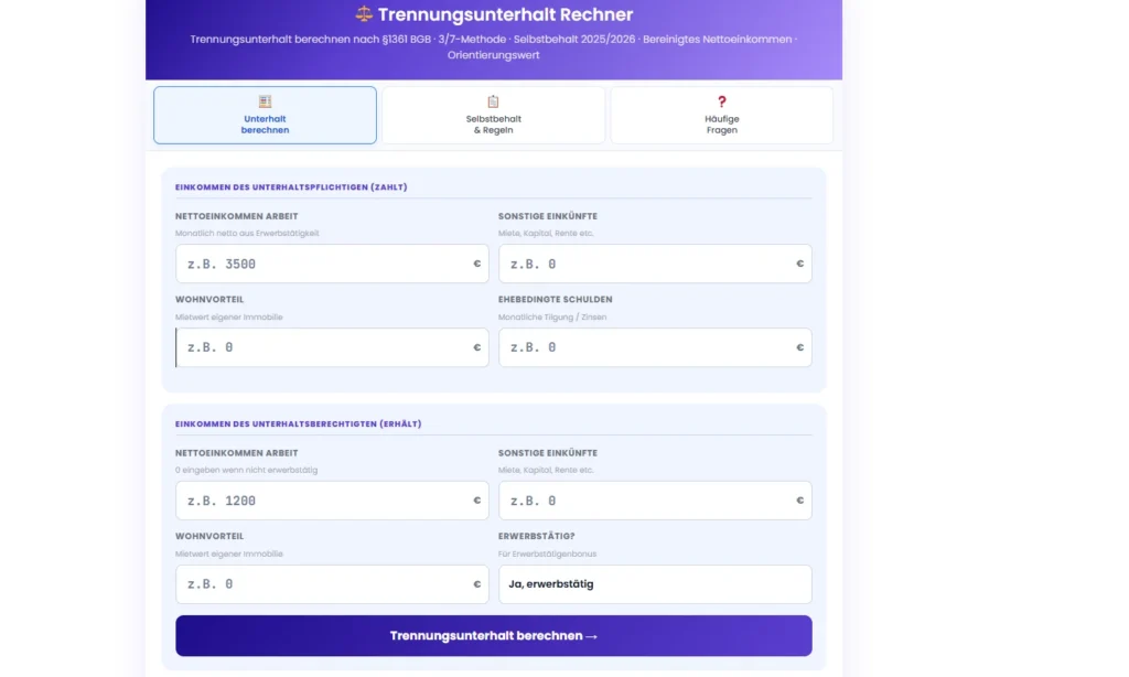 Trennungsunterhalt Rechner