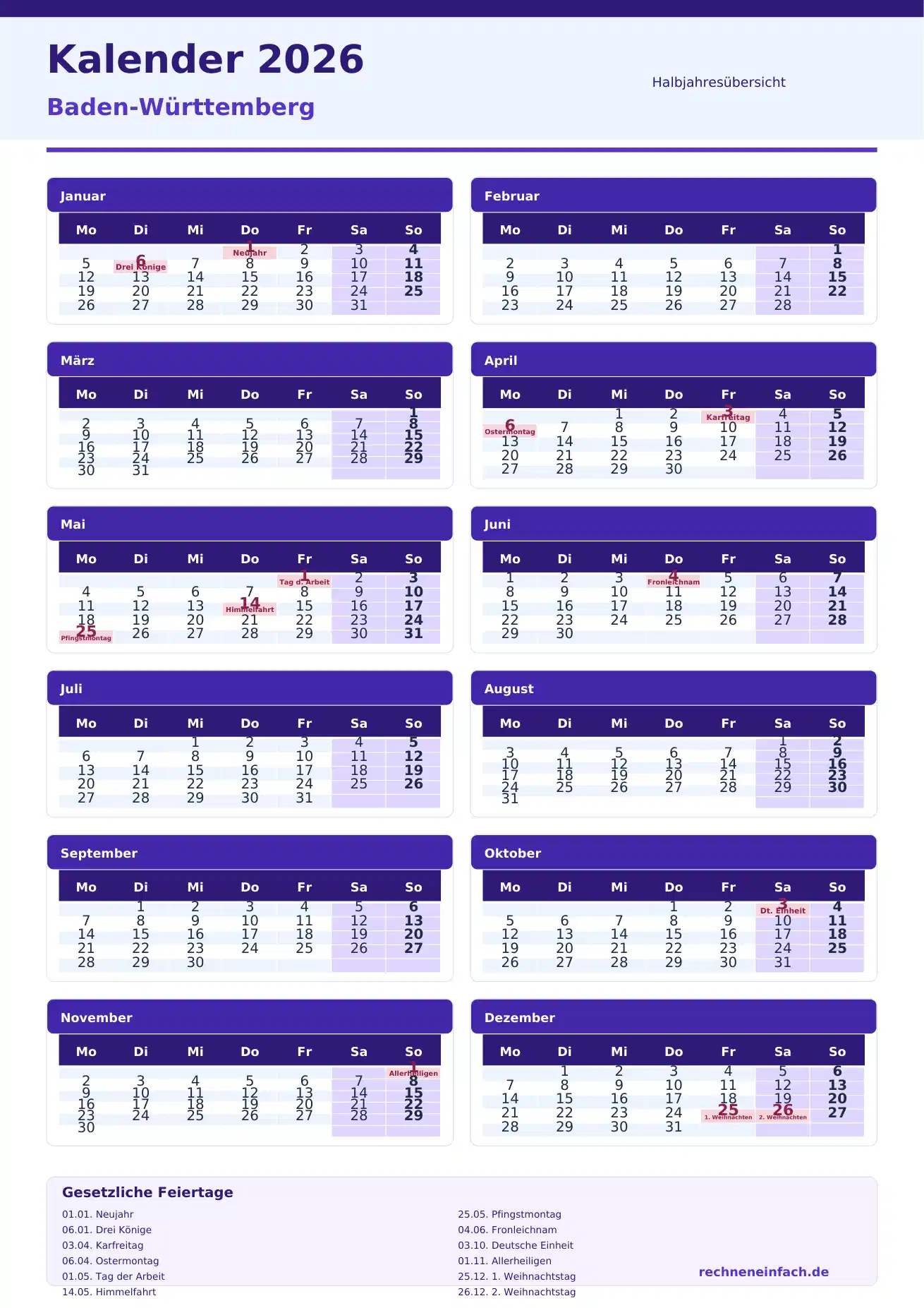 Kalender 2026 Baden-Württemberg Hochformat · nach Halbjahren Vorschau