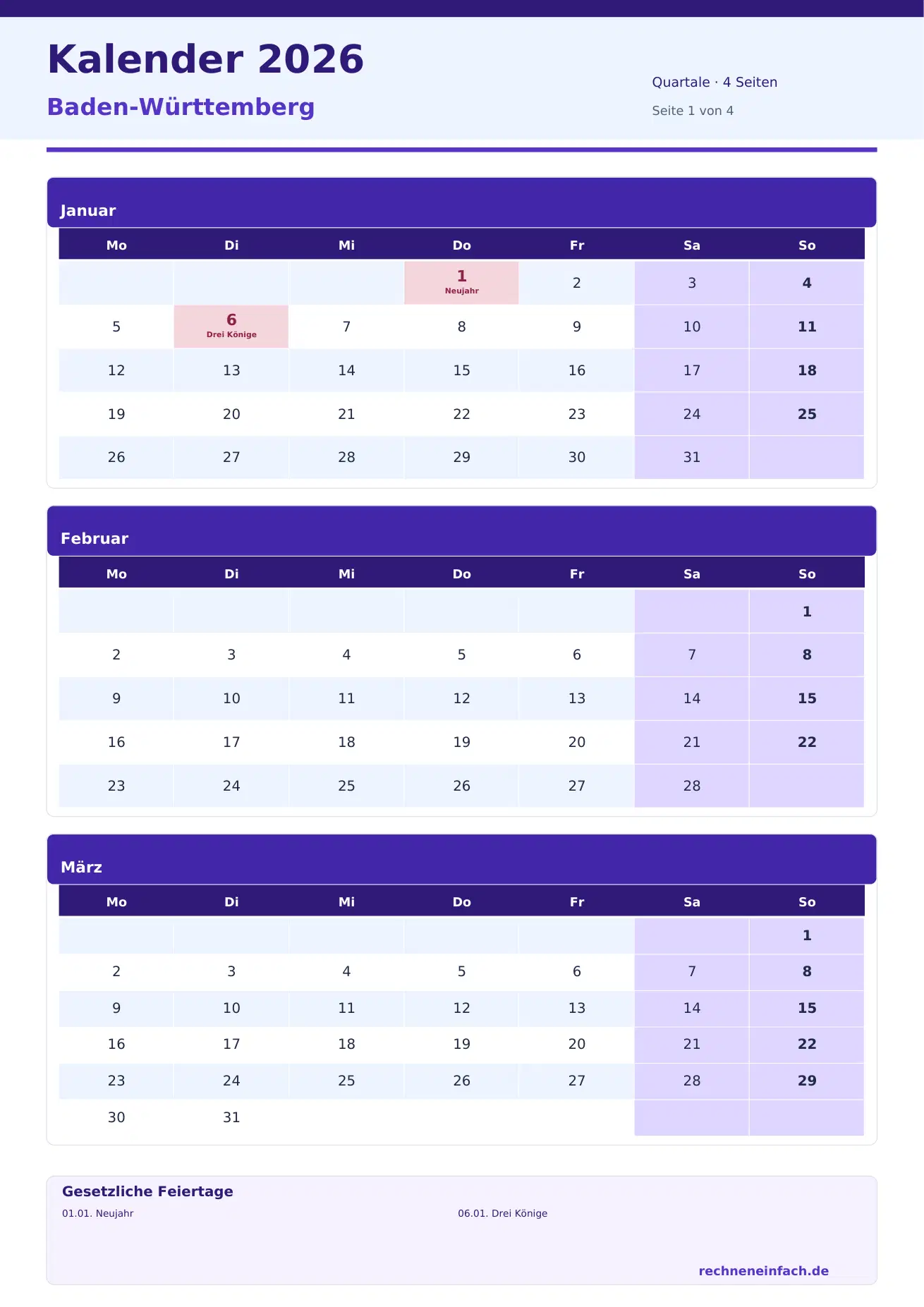 Kalender 2026 Baden-Württemberg Hochformat · Quartale (4 Seiten) Vorschau