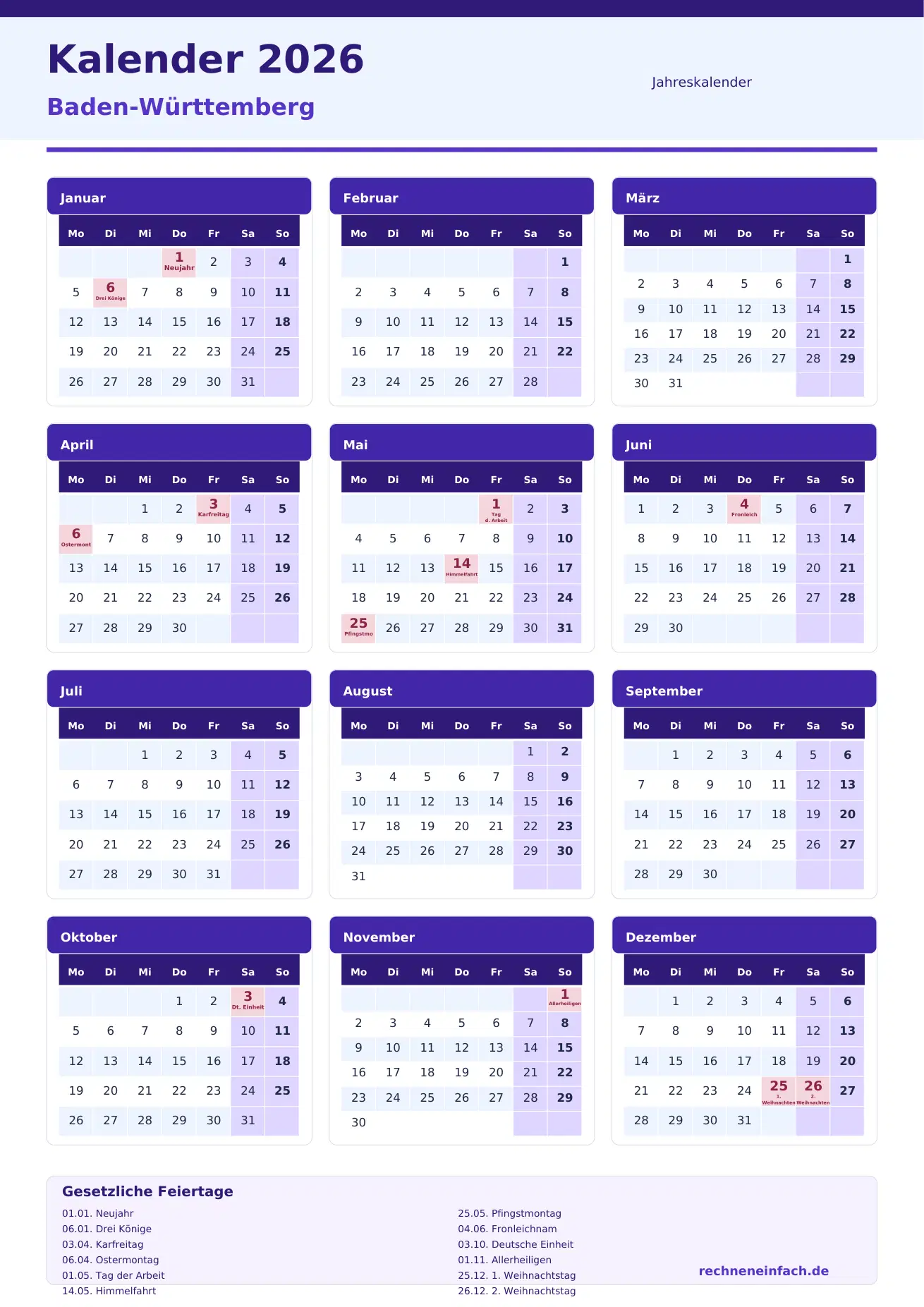 Kalender 2026 Baden-Württemberg Hochformat · 1 Seite Vorschau