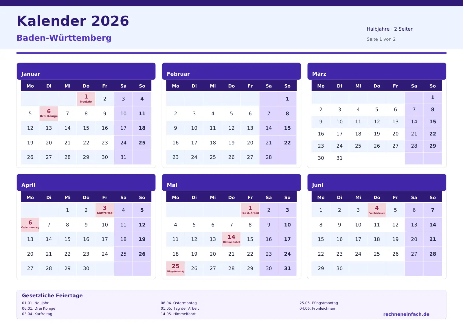 Kalender 2026 Baden-Württemberg Querformat · Halbjahre (2 Seiten) Vorschau