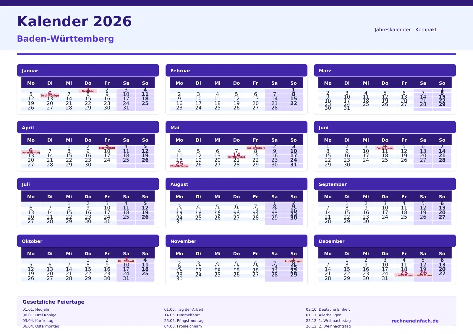 Kalender 2026 Baden-Württemberg Querformat · Tage linear Vorschau