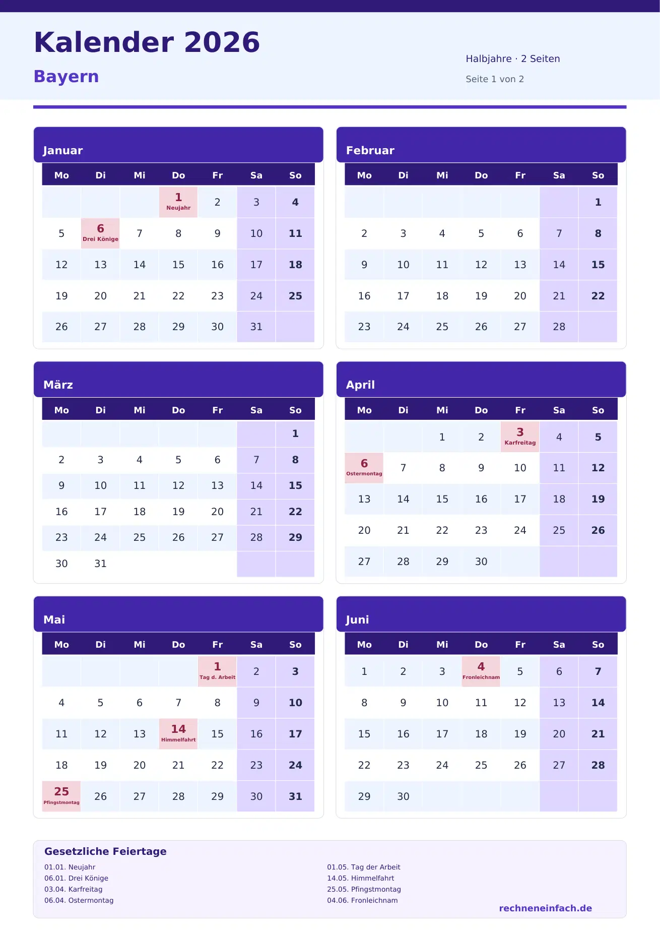 Kalender 2026 Bayern Hochformat · Halbjahre (2 Seiten) Vorschau