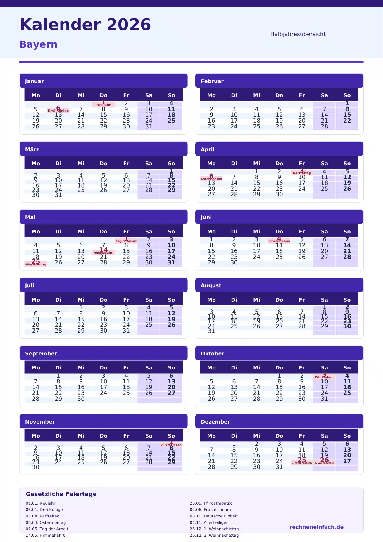 Kalender 2026 Bayern Hochformat · nach Halbjahren Vorschau