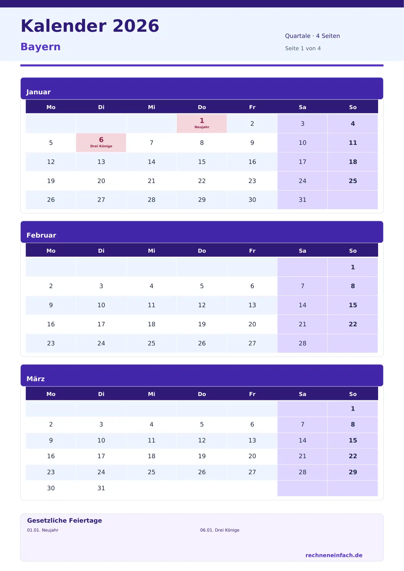 Kalender 2026 Bayern Hochformat · Quartale (4 Seiten) Vorschau