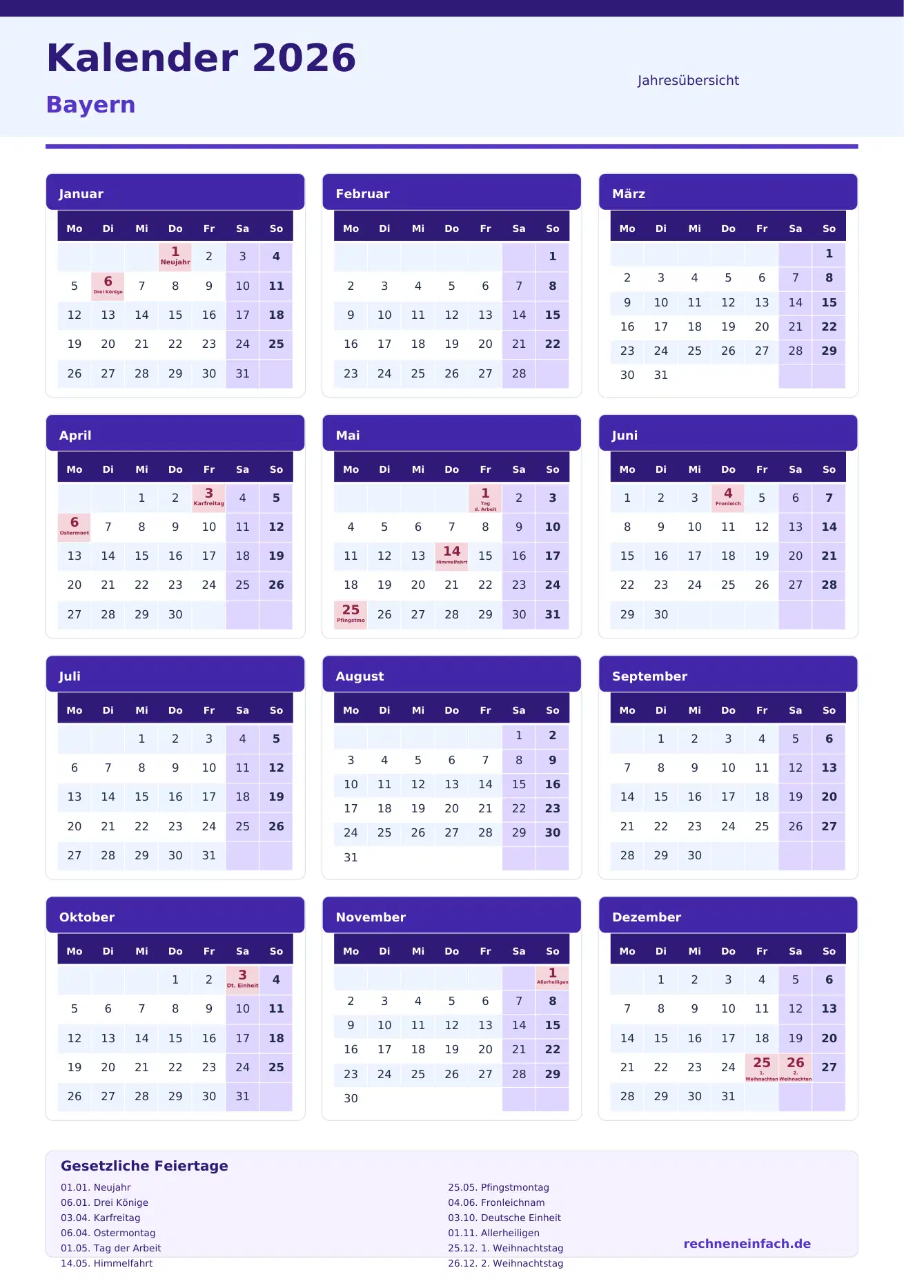 Kalender 2026 Bayern Hochformat · Jahresübersicht Vorschau