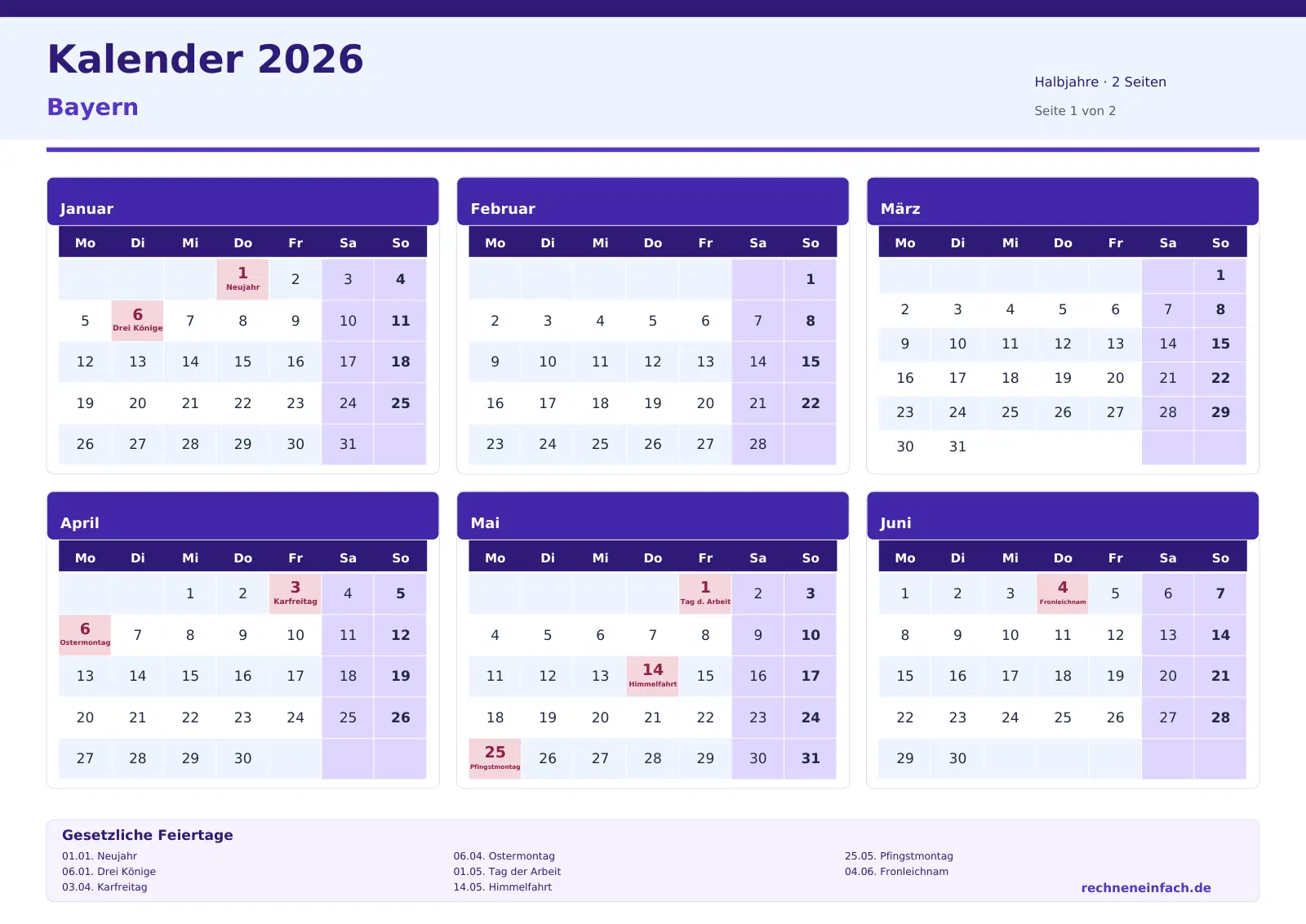 Kalender 2026 Bayern Querformat · Halbjahre (2 Seiten) Vorschau