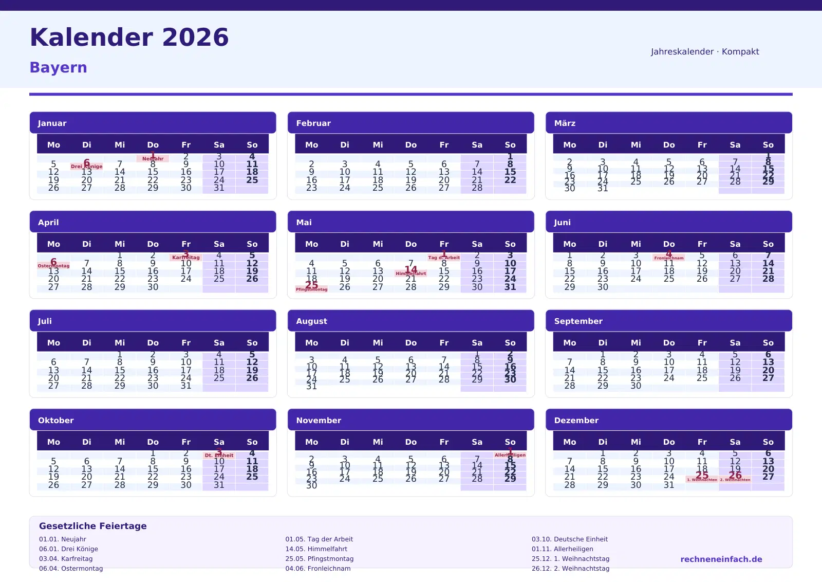 Kalender 2026 Bayern Querformat · Tage linear Vorschau