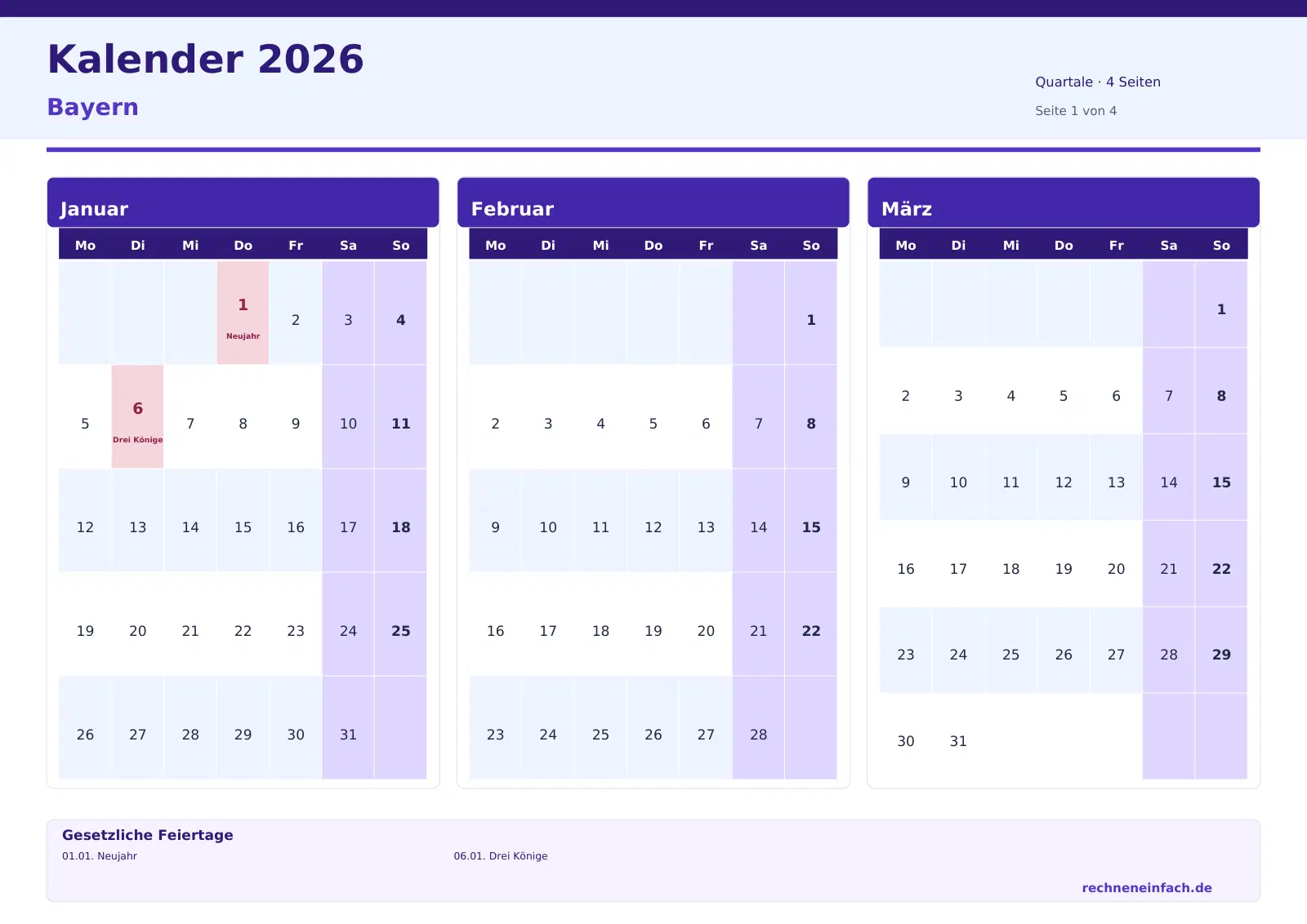 Kalender 2026 Bayern Querformat · Quartale (4 Seiten) Vorschau