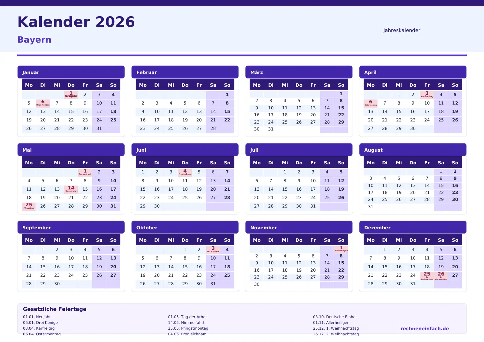 Kalender 2026 Bayern Jahresübersicht im Querformat
