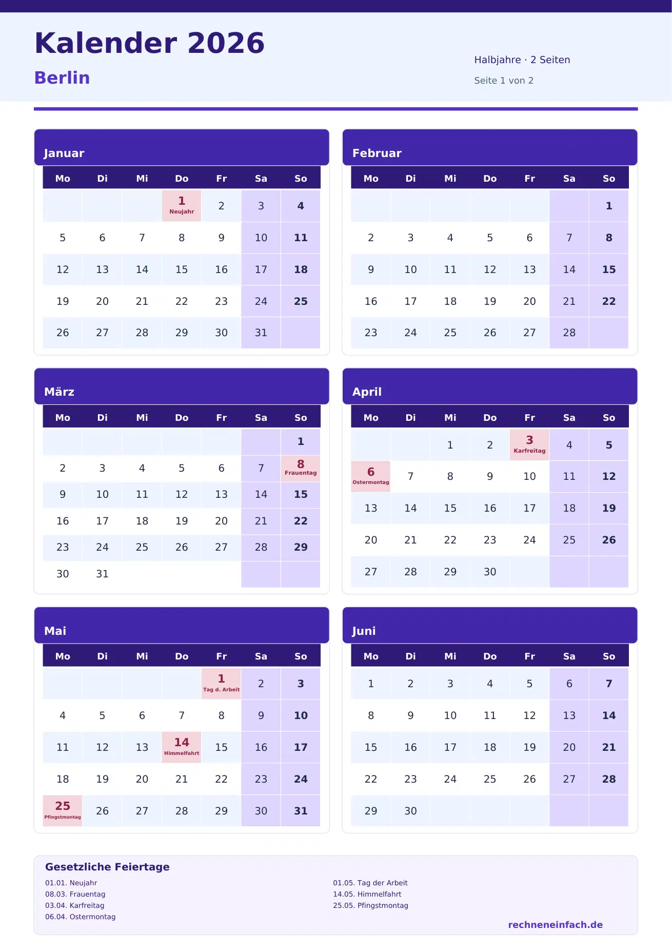 Kalender 2026 Berlin Hochformat · Halbjahre (2 Seiten) Vorschau