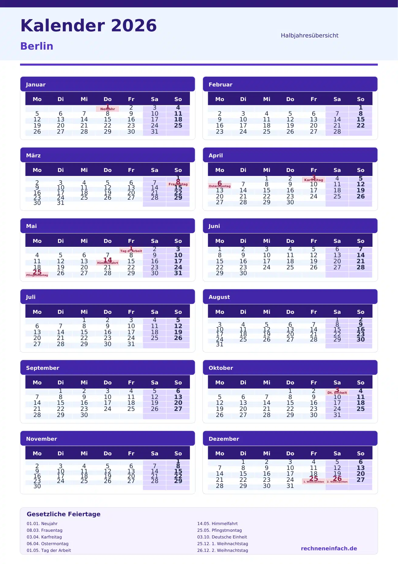 Kalender 2026 Berlin Hochformat · nach Halbjahren Vorschau