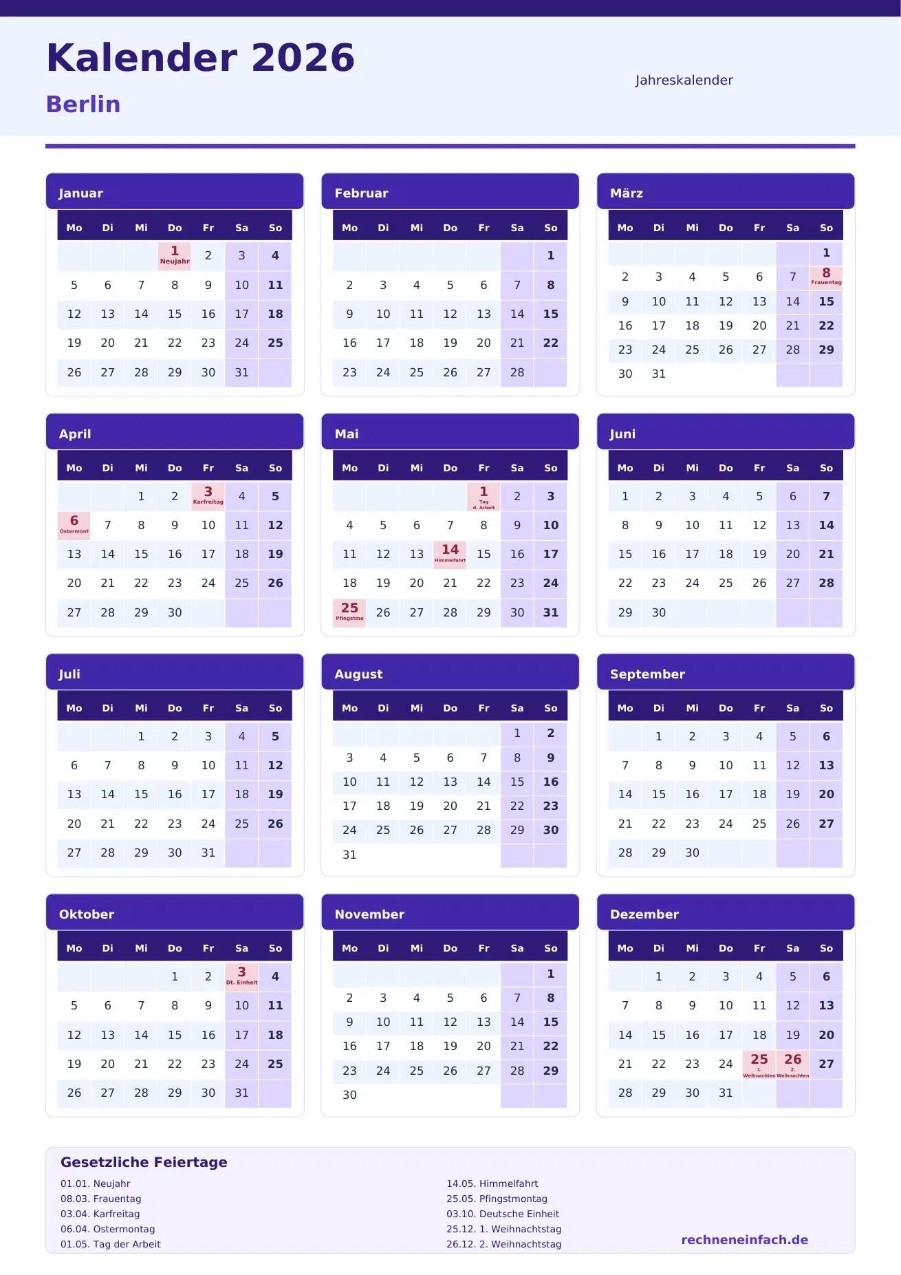 Kalender 2026 Berlin Hochformat · 1 Seite Vorschau