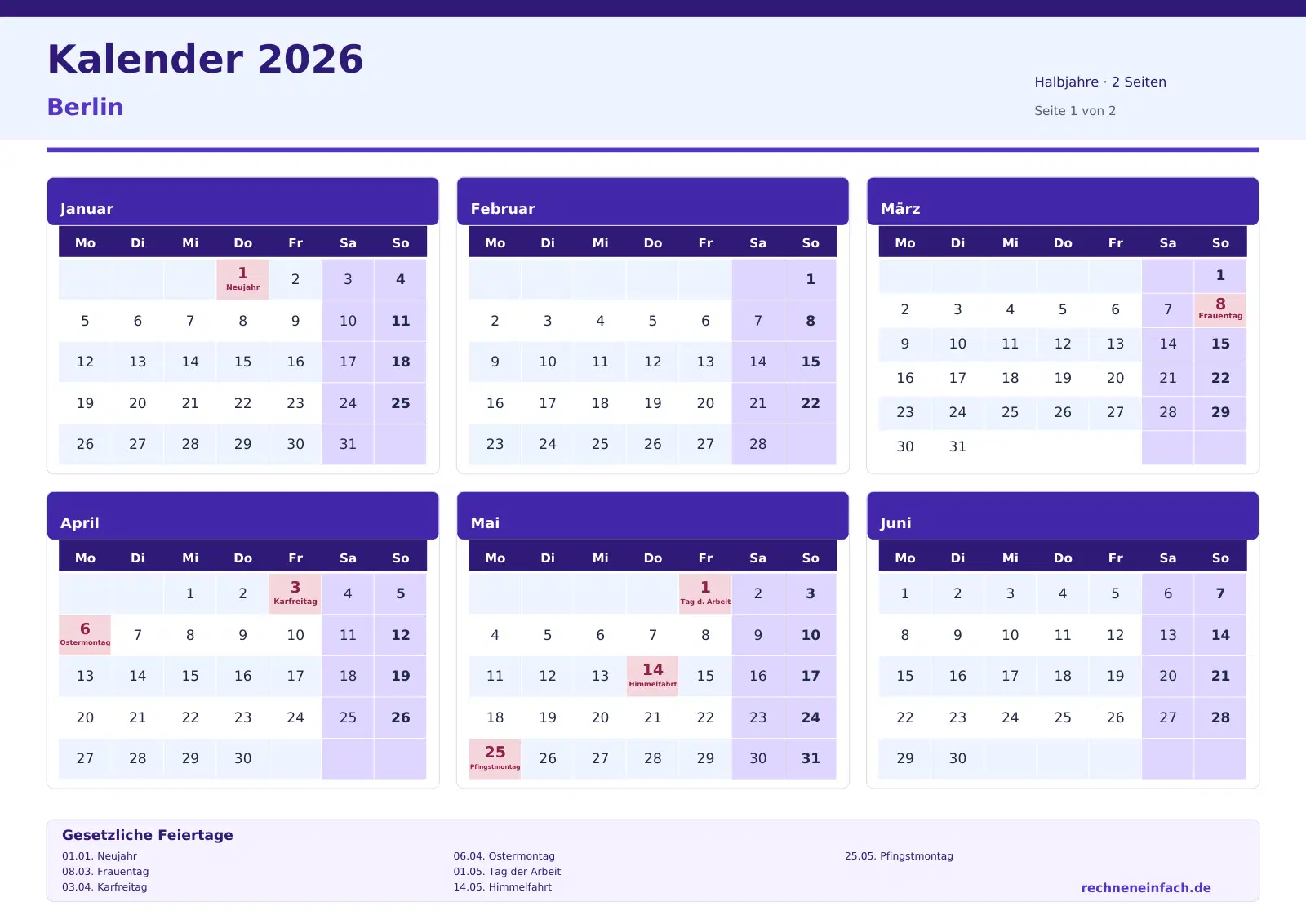 Kalender 2026 Berlin Querformat · Halbjahre (2 Seiten) Vorschau
