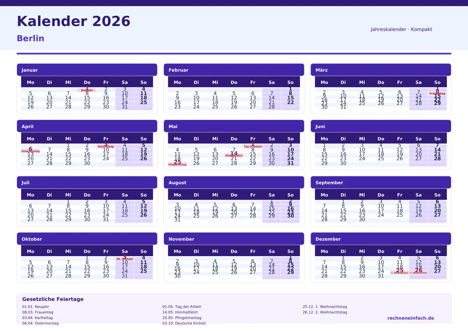 Kalender 2026 Berlin Querformat · Tage linear Vorschau