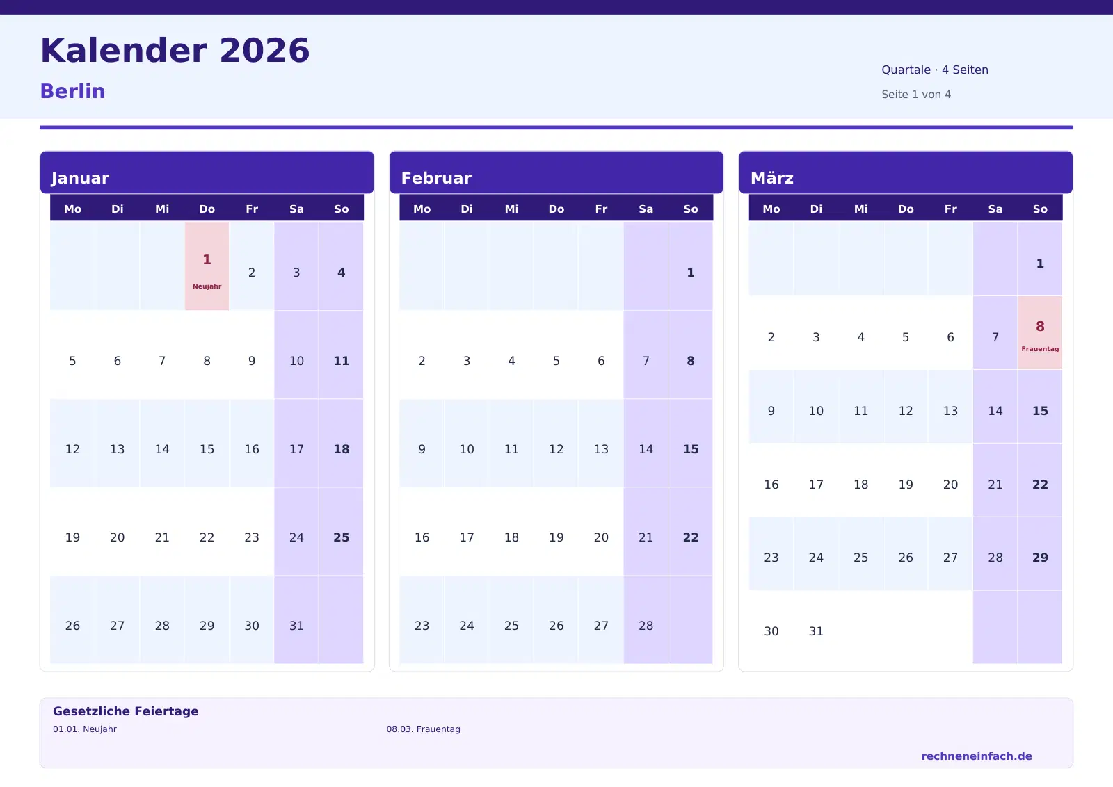 Kalender 2026 Berlin Querformat · Quartale (4 Seiten) Vorschau