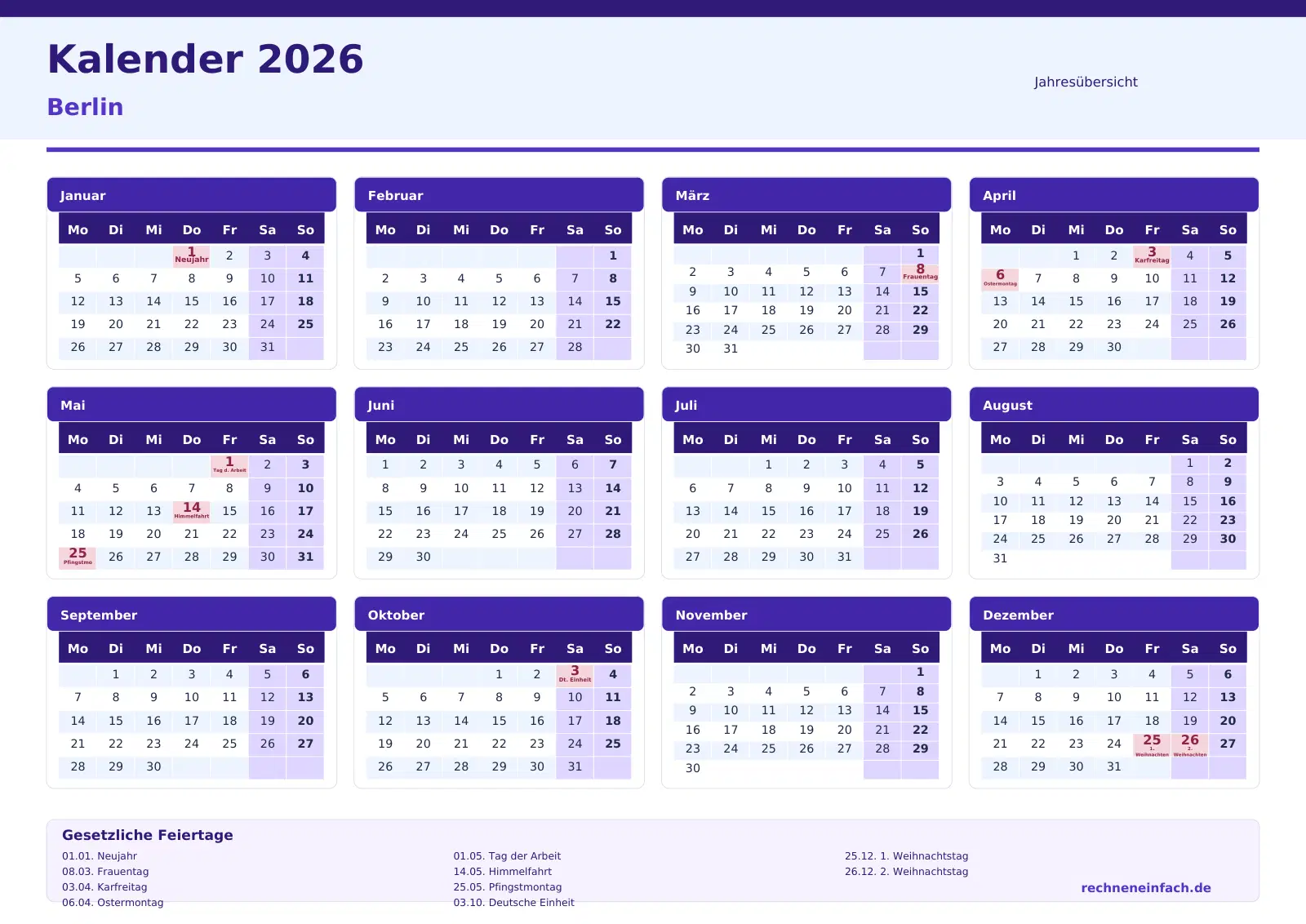 Kalender 2026 Berlin Querformat · Jahresübersicht Vorschau