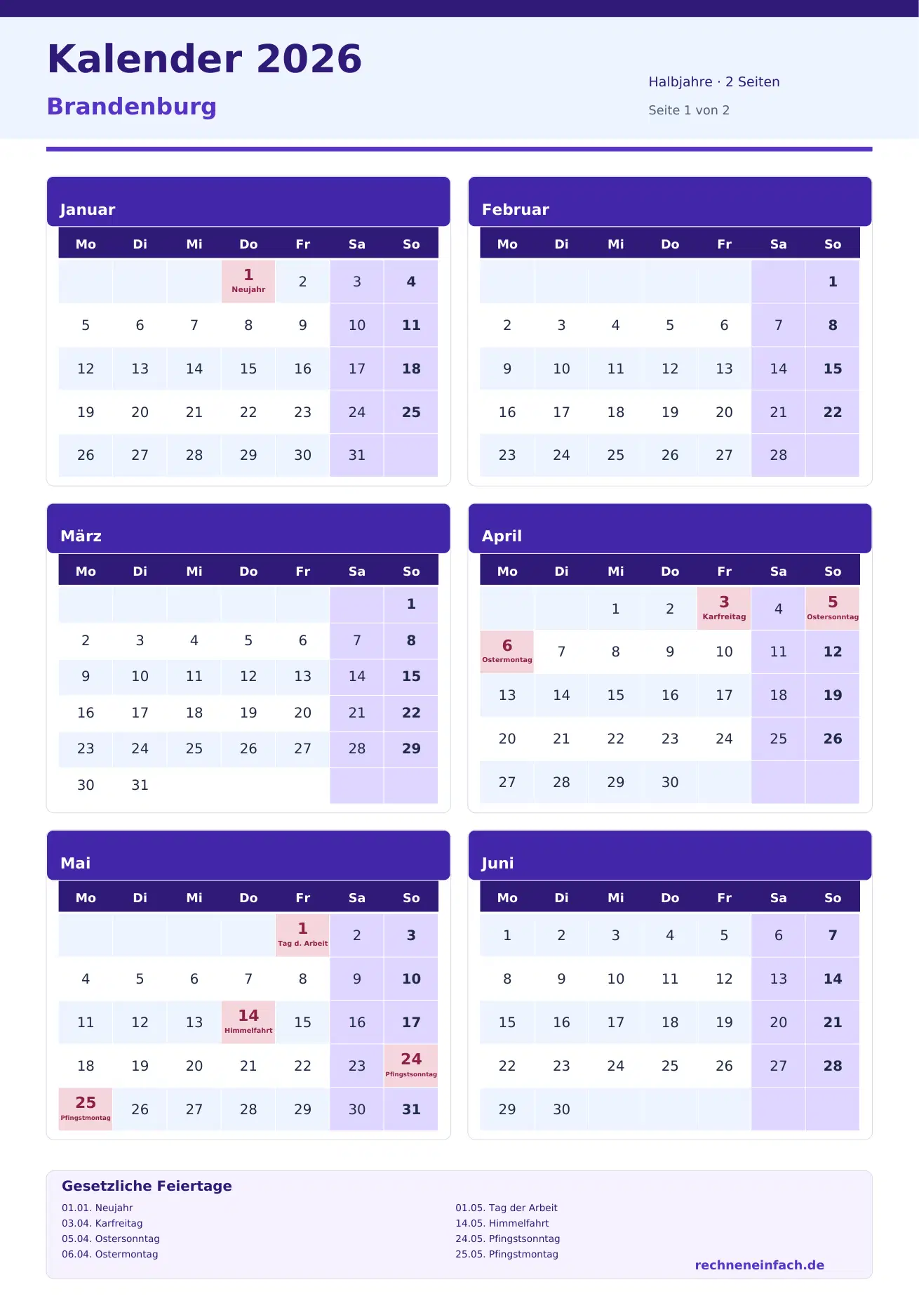 Kalender 2026 Brandenburg Hochformat · Halbjahre (2 Seiten) Vorschau