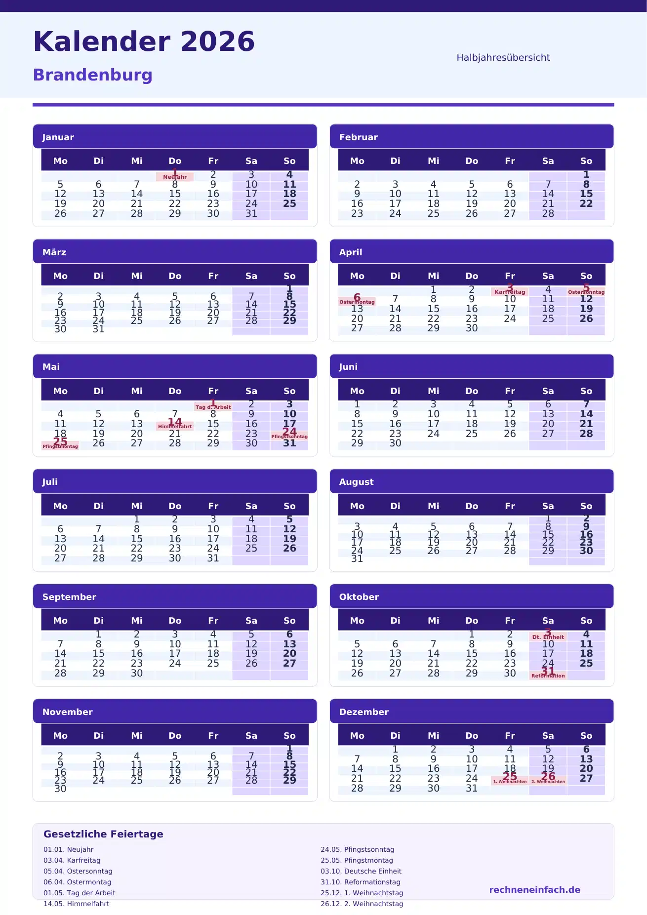 Kalender 2026 Brandenburg Hochformat · nach Halbjahren Vorschau