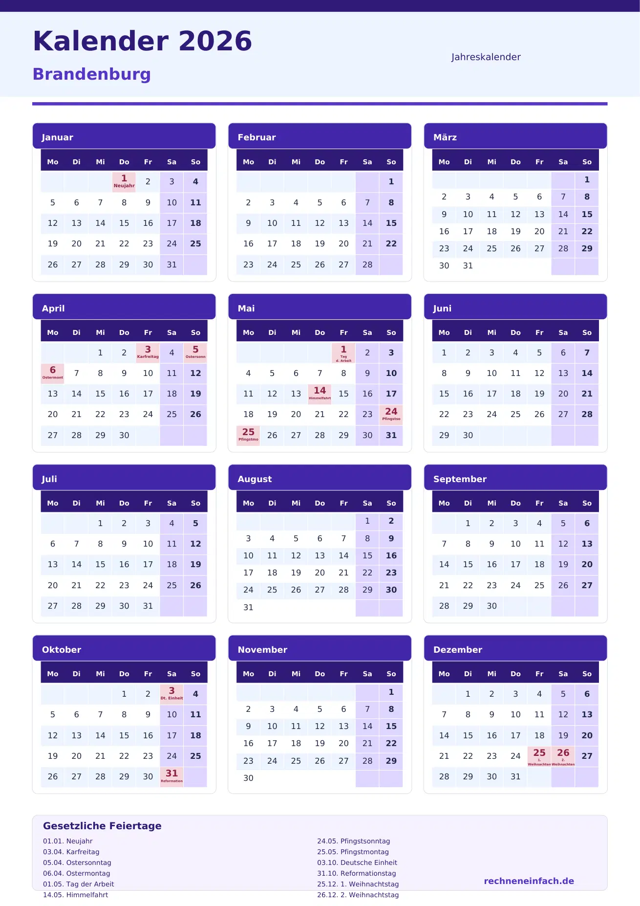 Kalender 2026 Brandenburg Hochformat · 1 Seite Vorschau