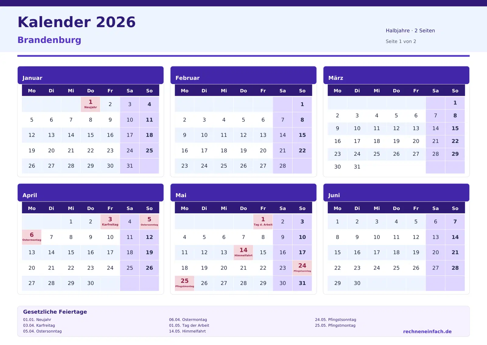 Kalender 2026 Brandenburg Querformat · Halbjahre (2 Seiten) Vorschau