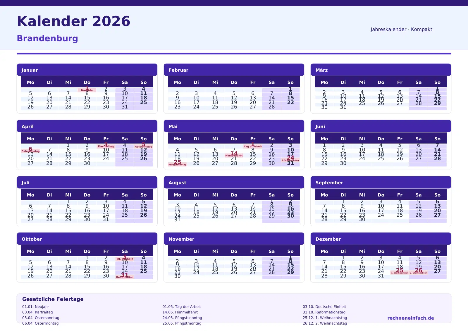 Kalender 2026 Brandenburg Querformat · Tage linear Vorschau
