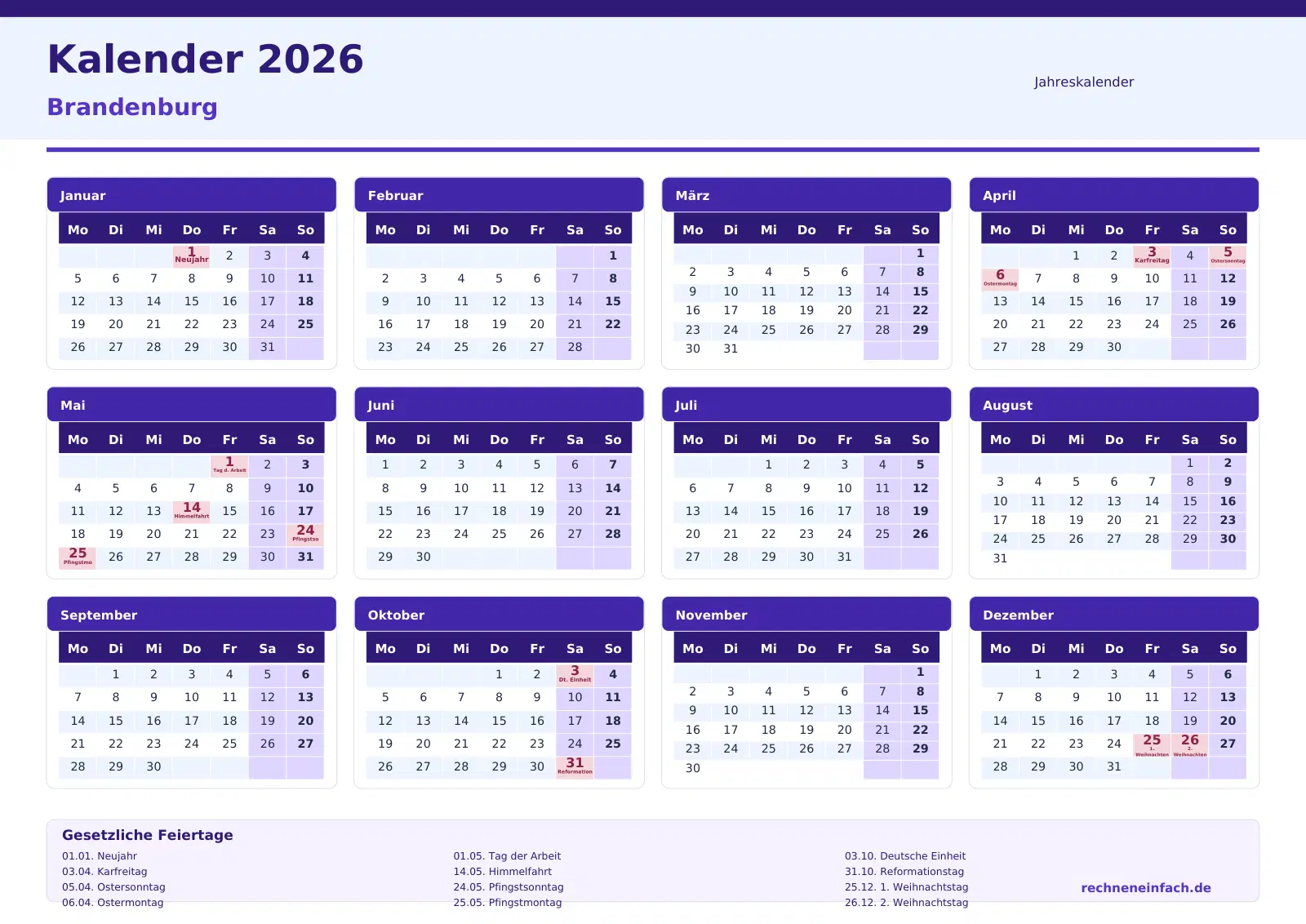Kalender 2026 Brandenburg Jahresübersicht im Querformat