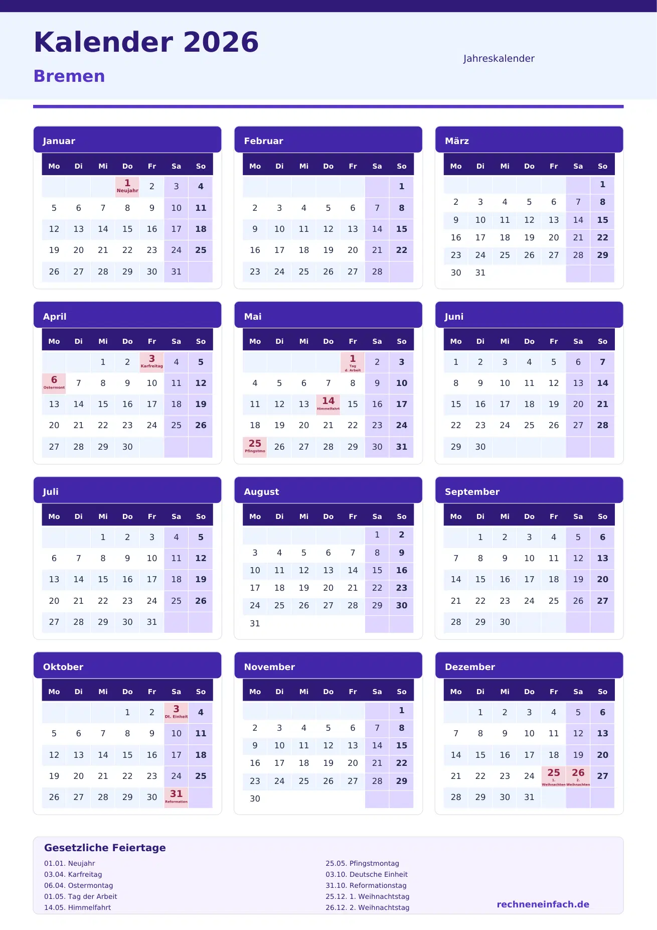 Kalender 2026 Bremen Hochformat · 1 Seite Vorschau