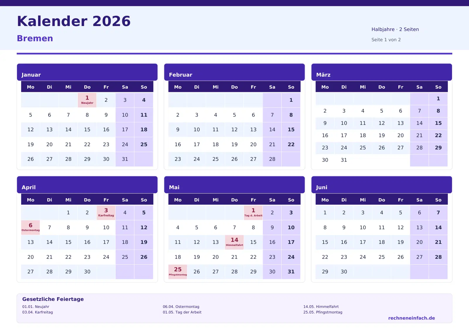 Kalender 2026 Bremen Querformat · Halbjahre (2 Seiten) Vorschau