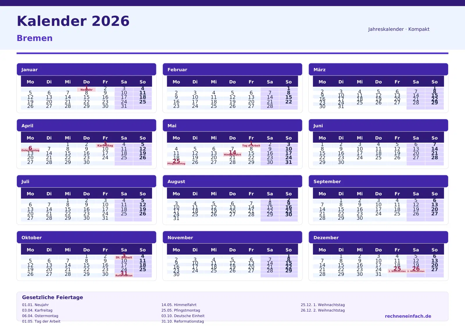 Kalender 2026 Bremen Querformat · Tage linear Vorschau