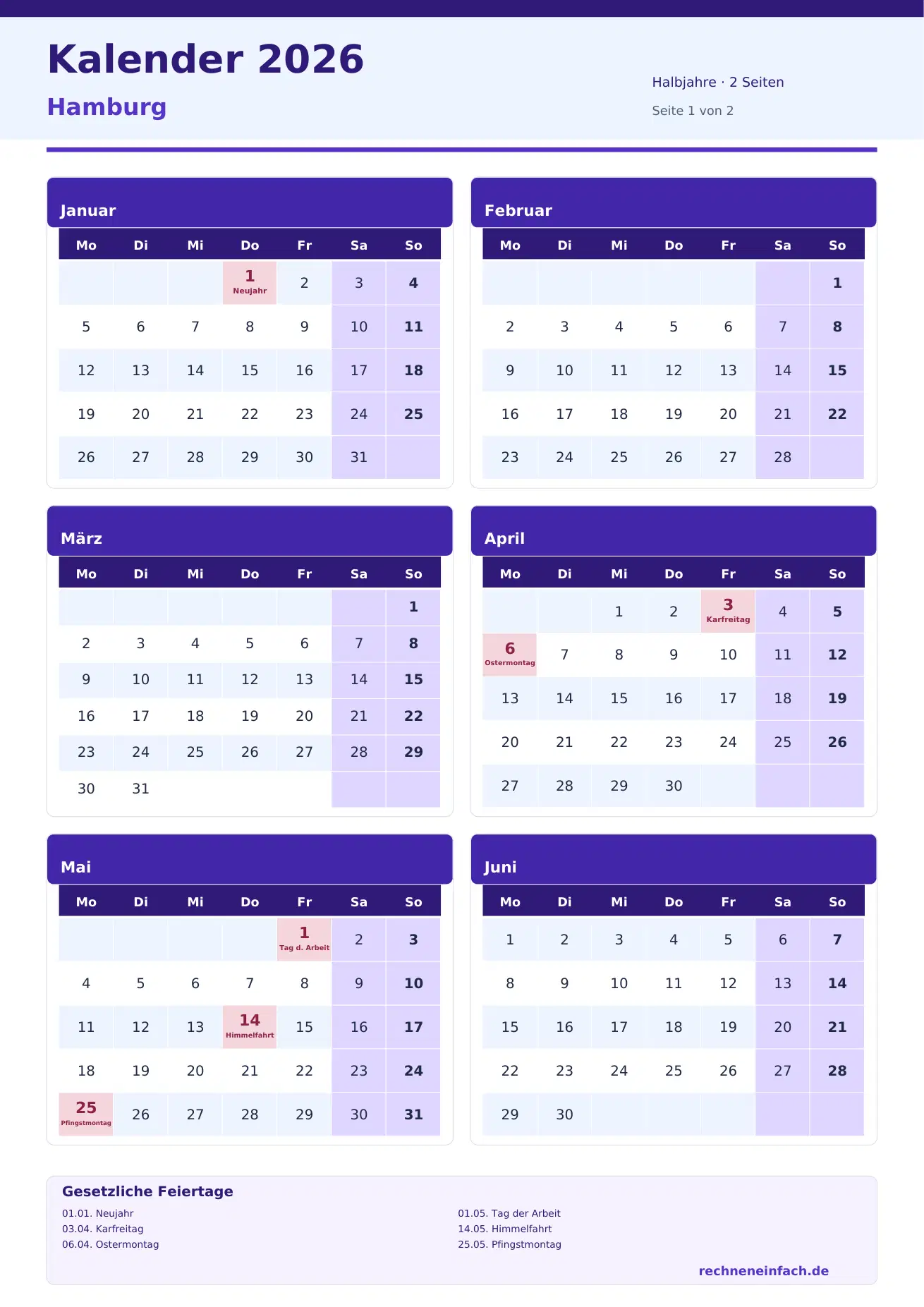 Kalender 2026 Hamburg Hochformat · Halbjahre (2 Seiten) Vorschau