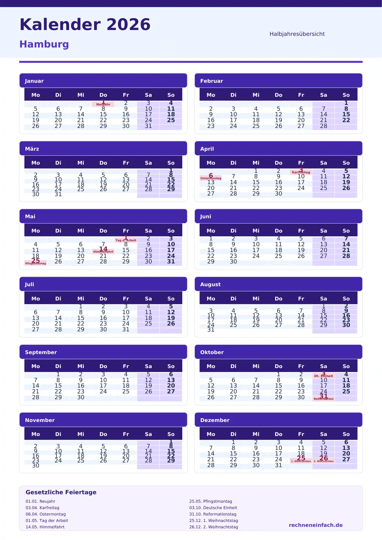 Kalender 2026 Hamburg Hochformat · nach Halbjahren Vorschau